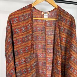 Aggie Colorful Southwest Patterned Open Fringe Sheer Cardigan Size Small